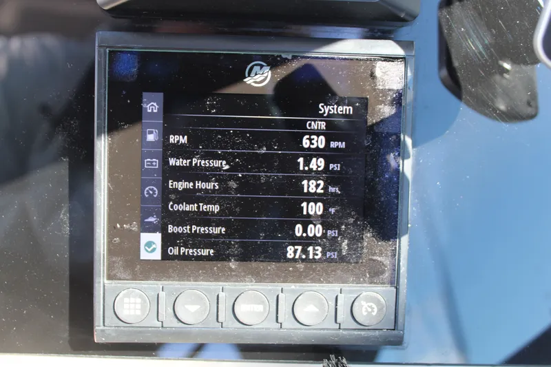 Going To The Sun Yacht Photos Pics 2023 Boston Whaler 240 Vantage system display showing engine parameters.