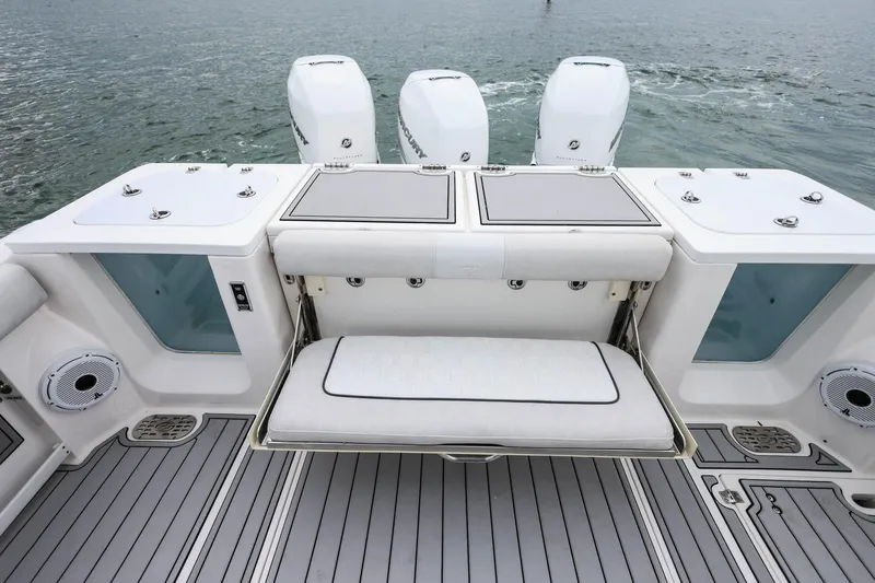  Yacht Photos Pics 2022 Sea Fox 368 Commander boat with foldable seating and triple outboard engines.