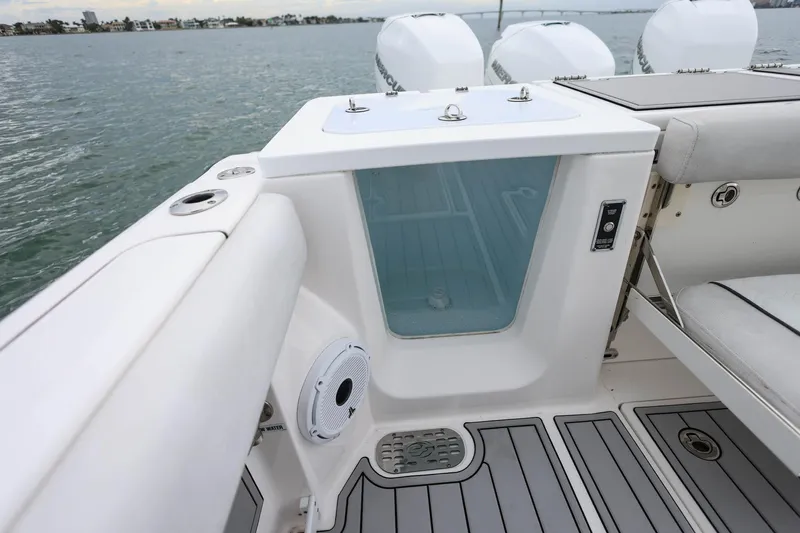  Yacht Photos Pics 2022 Sea Fox 368 Commander boat interior with seating and storage compartments.