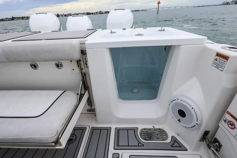  Yacht Photos Pics 2022 Sea Fox 368 Commander boat interior with seating, storage, and speaker.