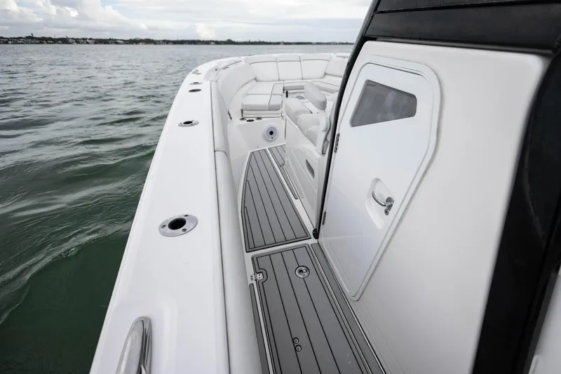  Yacht Photos Pics 2022 Sea Fox 368 Commander boat deck with sleek design and modern features.