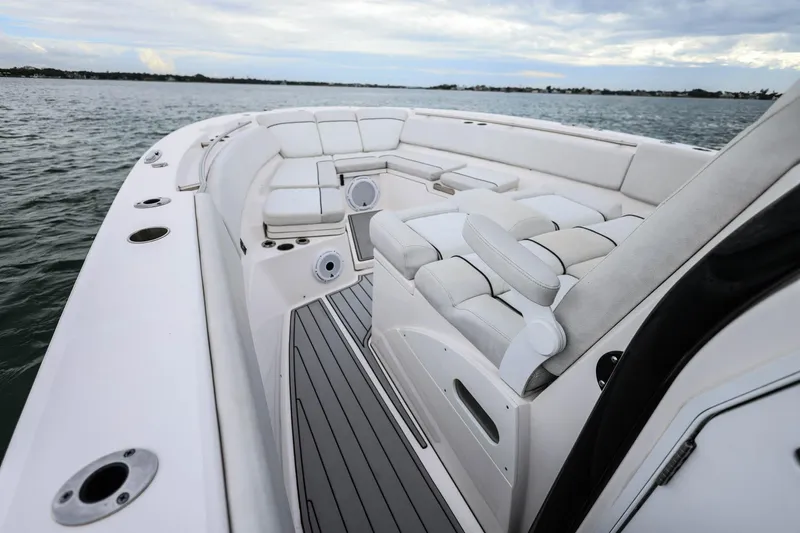  Yacht Photos Pics 2022 Sea Fox 368 Commander boat interior with luxurious seating on open water.