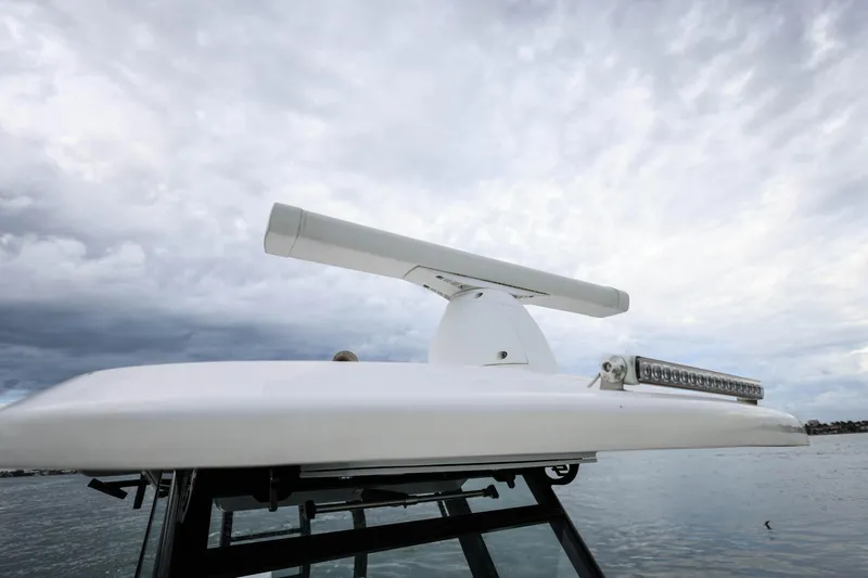  Yacht Photos Pics Radar and light bar on 2022 Sea Fox 368 Commander boat under cloudy sky.