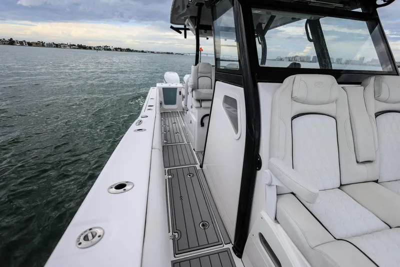  Yacht Photos Pics 2022 Sea Fox 368 Commander boat interior with luxurious seating and ocean view.