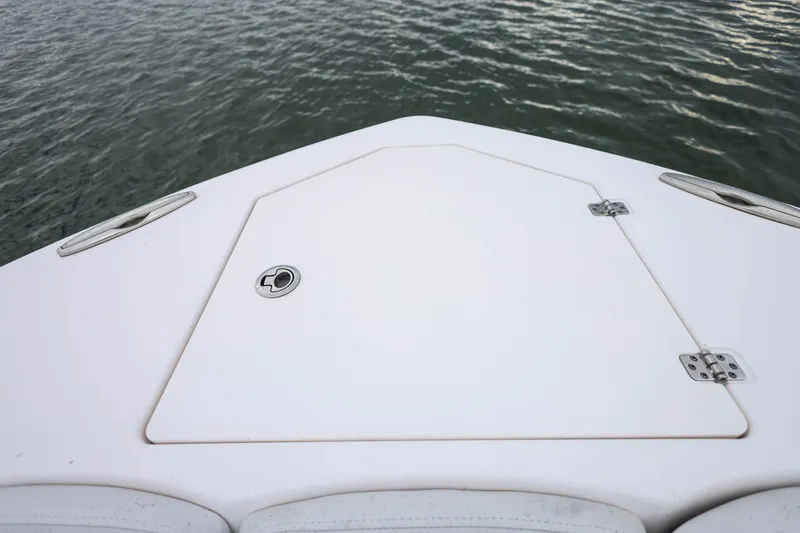  Yacht Photos Pics Bow of 2022 Sea Fox 368 Commander boat on calm water.