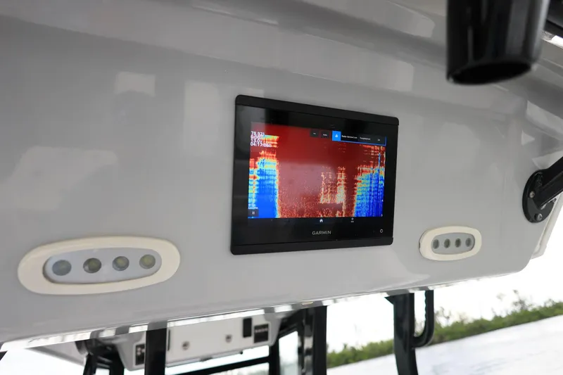  Yacht Photos Pics Garmin display on 2022 Sea Fox 368 Commander boat, showing sonar data.