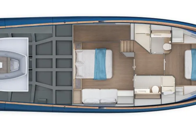  Yacht Photos Pics Top view of 2026 Solaris Power 52 Coupe yacht interior layout, featuring bedrooms and bathrooms.