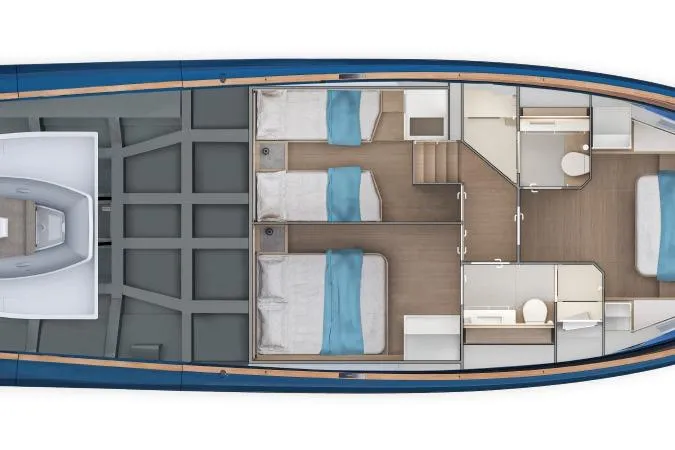 Yacht Photos Pics Top view of 2026 Solaris Power 52 Coupe yacht interior layout with bedrooms and bathrooms.