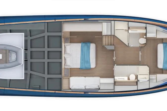  Yacht Photos Pics 2026 Solaris Power 52 Coupe yacht interior layout with bedrooms and bathrooms.