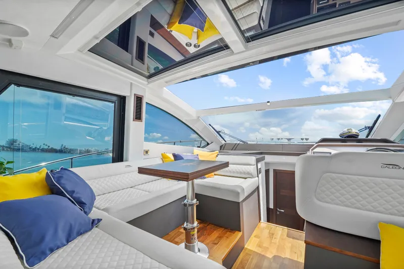 Good Vibes Yacht Photos Pics Luxurious interior of 2022 Galeon 470 Sky yacht with panoramic windows and plush seating.