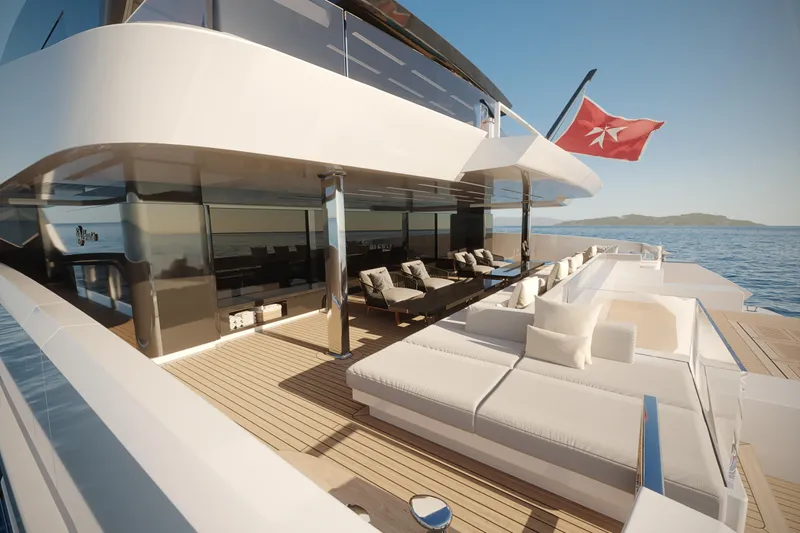 Cat 110 Yacht Photos Pics Luxurious Venture CAT 110 yacht deck with modern seating, ocean view, and flag, 2027 model.