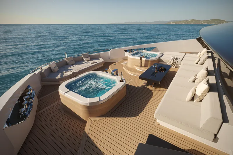 Cat 110 Yacht Photos Pics Luxurious Venture CAT 110 yacht deck with hot tubs, seating, and ocean view, 2027 model.