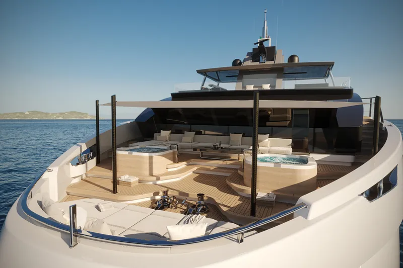 Cat 110 Yacht Photos Pics Luxurious 2027 Venture CAT 110 yacht deck with hot tubs and seating, cruising on open sea.