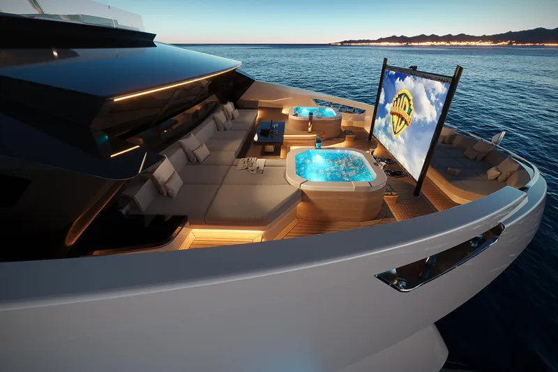 Cat 110 Yacht Photos Pics Luxurious Venture CAT 110 yacht with hot tubs and outdoor cinema, 2027 model, at sunset.