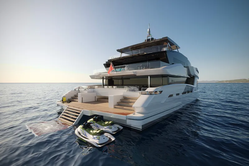 Cat 110 Yacht Photos Pics Luxury Venture CAT 110 yacht, 2027 model, with jet skis on the ocean.