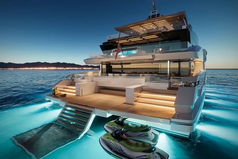 Cat 110 Yacht Photos Pics Luxurious 2027 Venture CAT 110 yacht at sunset, featuring elegant deck lighting and jet skis.