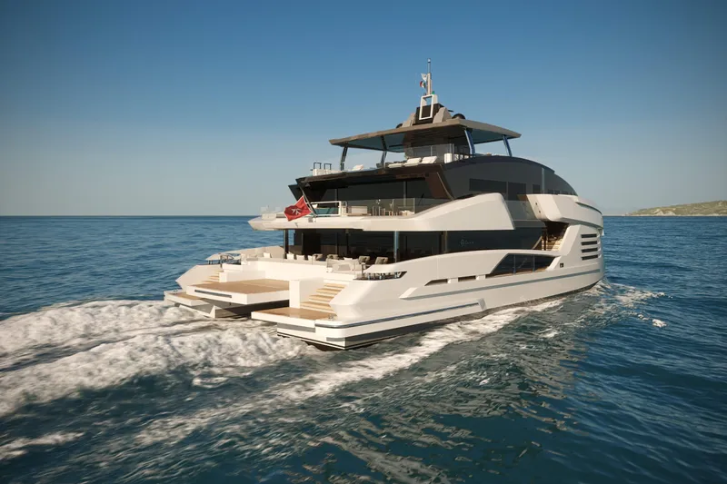 Cat 110 Yacht Photos Pics Luxury Venture CAT 110 yacht cruising on open sea, 2027 model.