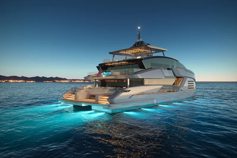 Cat 110 Yacht Photos Pics Luxurious Venture CAT 110 yacht, 2027 model, illuminated on serene ocean at dusk.