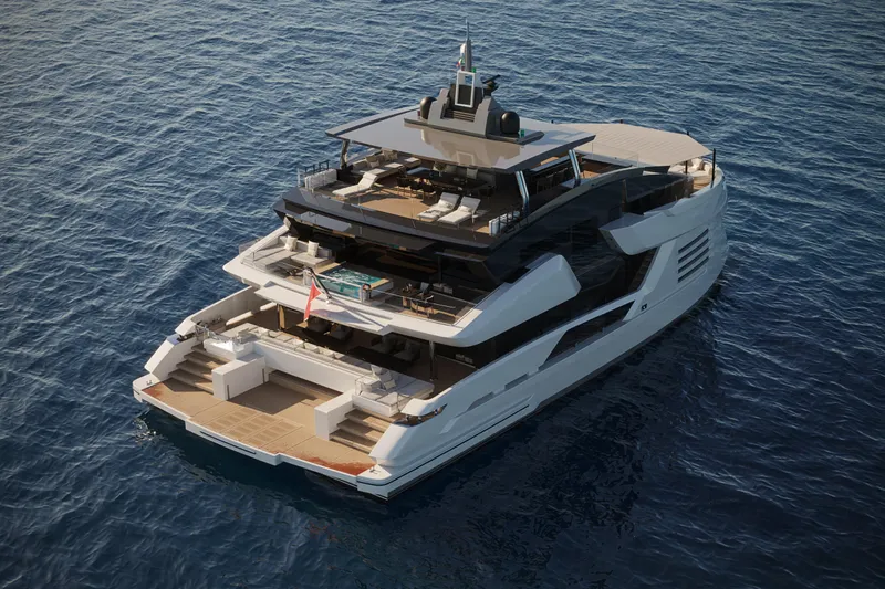 Cat 110 Yacht Photos Pics Luxurious 2027 Venture CAT 110 yacht on serene ocean waters, showcasing modern design and spacious decks.