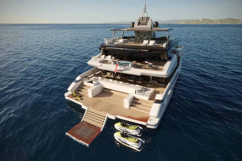 Cat 110 Yacht Photos Pics Luxurious 2027 Venture CAT 110 yacht with jet skis, cruising on open sea.