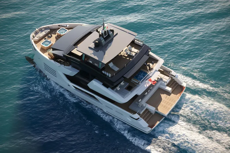 Cat 110 Yacht Photos Pics Luxurious Venture CAT 110 yacht cruising on open sea, 2027 model.