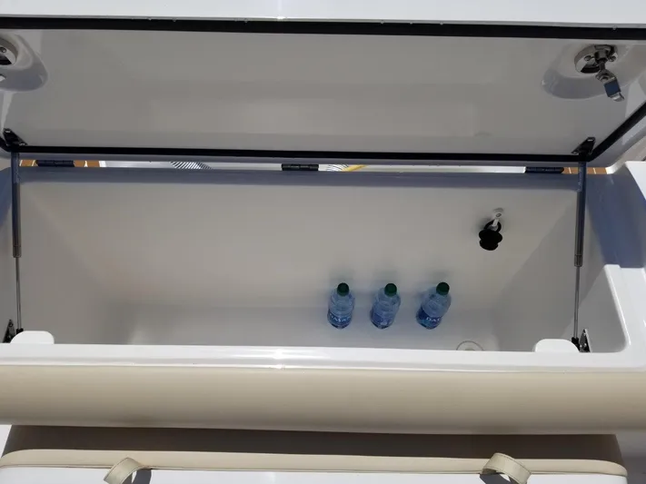 Nauti Nole Yacht Photos Pics Open storage compartment in Southport 33 DC boat, 2021 model.