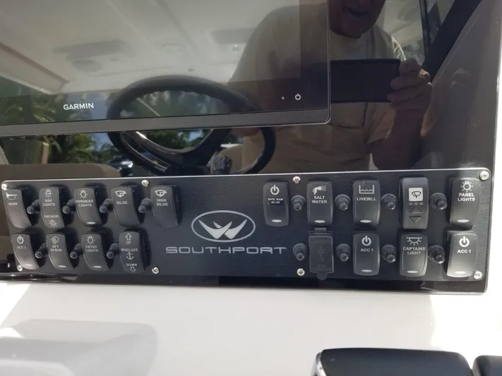 Nauti Nole Yacht Photos Pics Dashboard of 2021 Southport 33 DC with Garmin display.