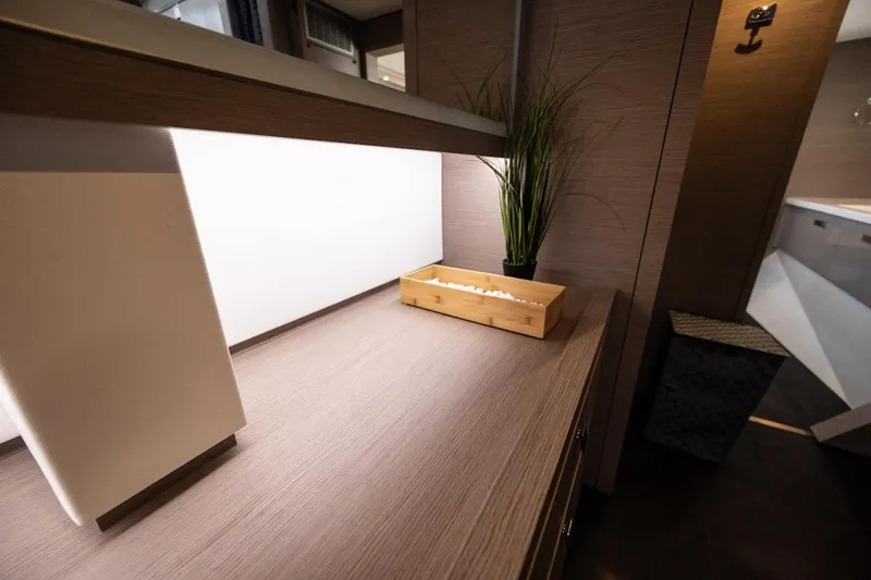 Spirit Of Ecstacy Yacht Photos Pics Interior of 2023 Fountaine Pajot Tanna 47 yacht with modern decor and lighting.