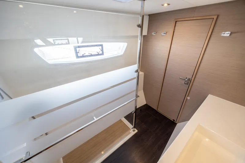 Spirit Of Ecstacy Yacht Photos Pics Modern bathroom interior of 2023 Fountaine Pajot Tanna 47 yacht.