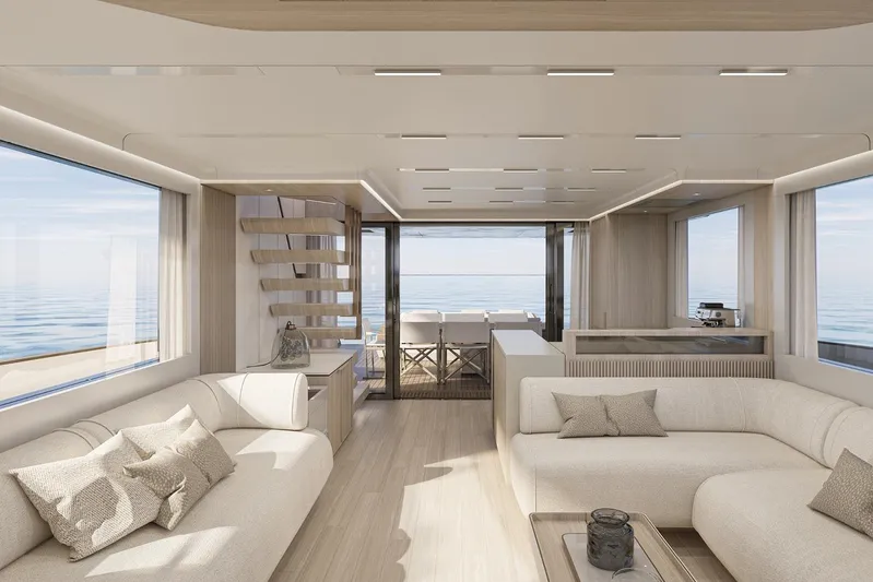  Yacht Photos Pics Luxurious interior of 2026 Solaris Power 70 GRAND COUPE yacht with modern furnishings and ocean view.