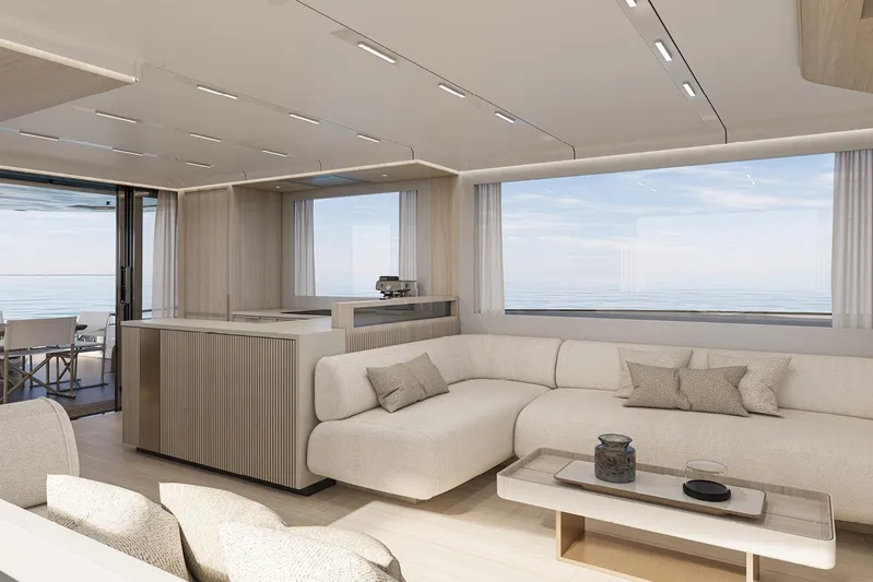  Yacht Photos Pics Luxurious interior of 2026 Solaris Power 70 GRAND COUPE yacht with modern furnishings and ocean view.