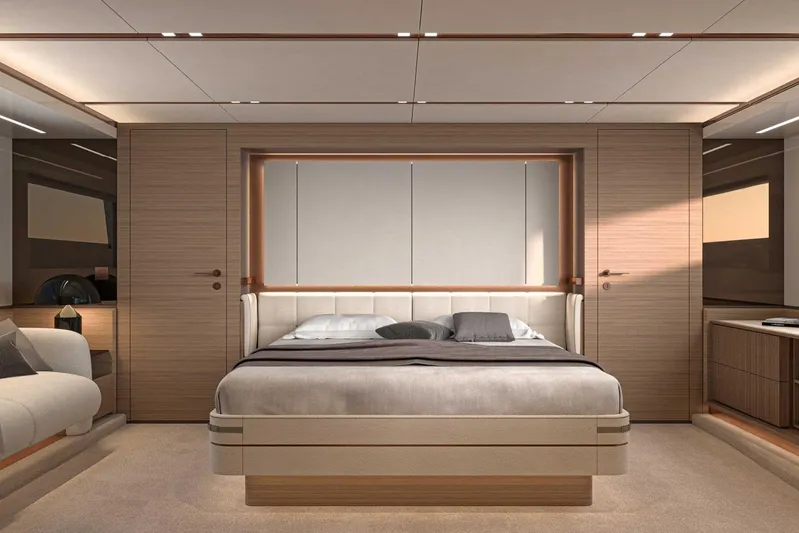  Yacht Photos Pics Luxurious bedroom interior of 2026 Solaris Power 70 GRAND COUPE yacht, featuring modern design elements.