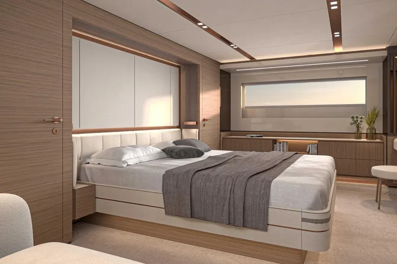  Yacht Photos Pics Luxurious bedroom interior of 2026 Solaris Power 70 GRAND COUPE yacht, featuring modern design.