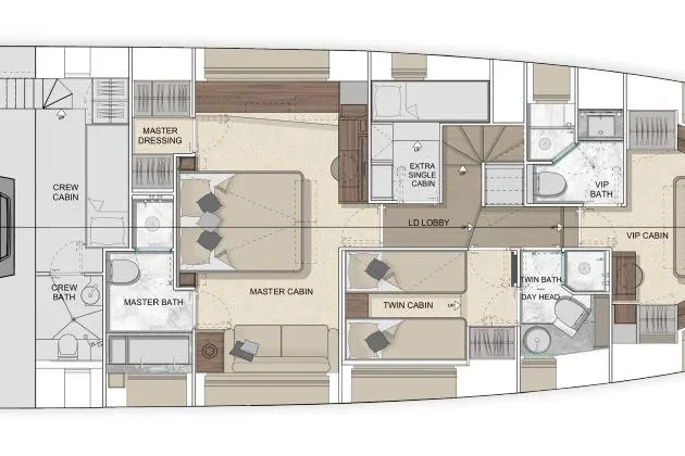  Yacht Photos Pics Floor plan of 2026 Solaris Power 70 GRAND COUPE yacht, featuring cabins and bathrooms.