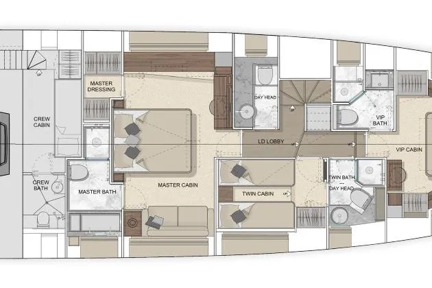  Yacht Photos Pics Floor plan of Solaris Power 70 GRAND COUPE 2026 yacht, featuring cabins and bathrooms.