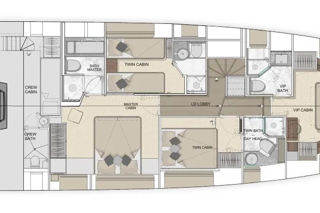  Yacht Photos Pics Floor plan of 2026 Solaris Power 70 GRAND COUPE yacht with cabins and bathrooms.