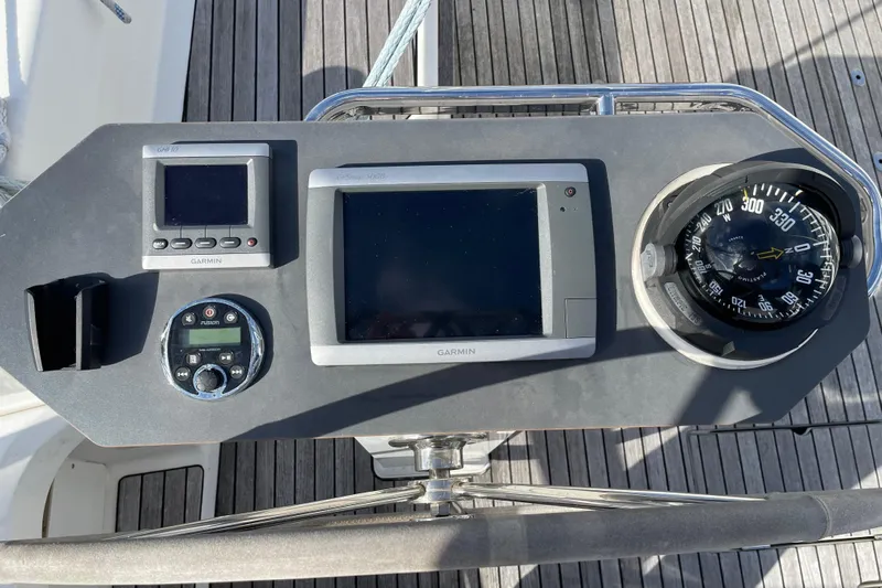 Seas The Day Yacht Photos Pics Control panel of 2014 Bavaria Vision 46 sailboat with Garmin navigation instruments.