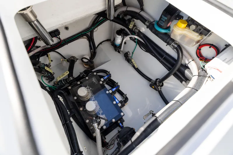  Yacht Photos Pics 2024 Freeman 28 boat engine compartment with wiring and components.
