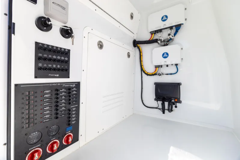  Yacht Photos Pics Freeman 28 boat electrical panel, 2024 model, featuring control switches and wiring.