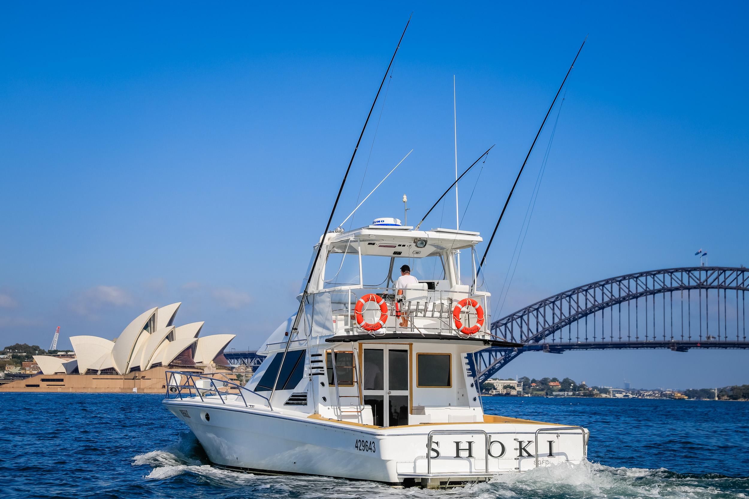 1993 Precision 47 Flybridge yacht cruising near Sydney Opera House and Harbour Bridge.