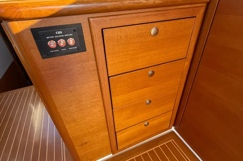  Yacht Photos Pics Wooden cabinetry and battery switches on 2017 Grand Banks 44 Eastbay SX yacht interior.
