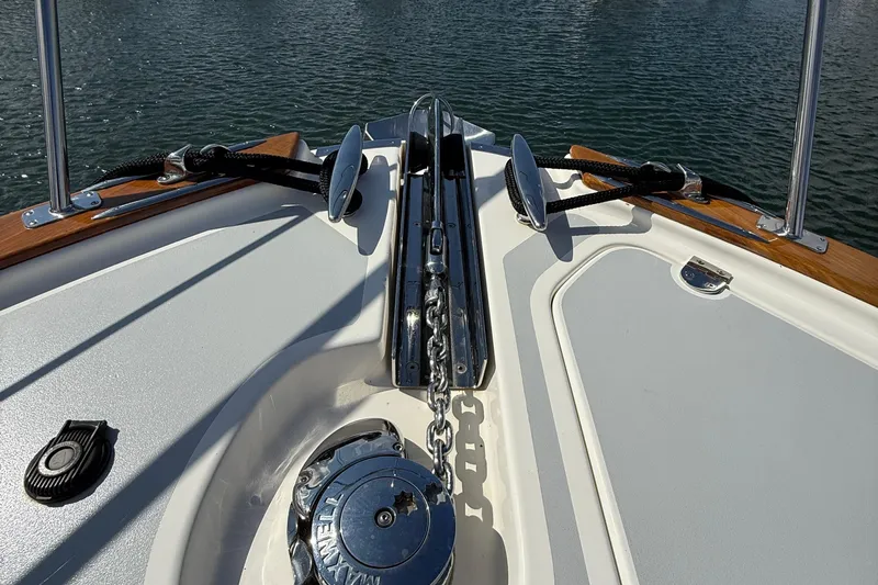  Yacht Photos Pics Bow of 2017 Grand Banks 44 Eastbay SX with anchor chain and winch.