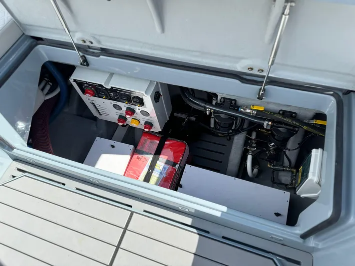  Yacht Photos Pics 2025 Ranieri CAYMAN 38.0 EXECUTIVE engine compartment with control panel and wiring.