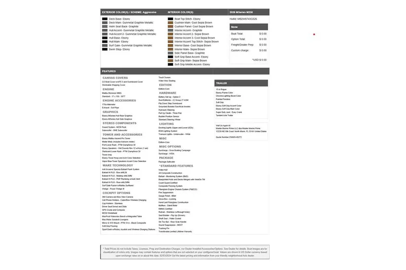  Yacht Photos Pics 2026 Malibu M230 features and specifications sheet with color options and accessories.