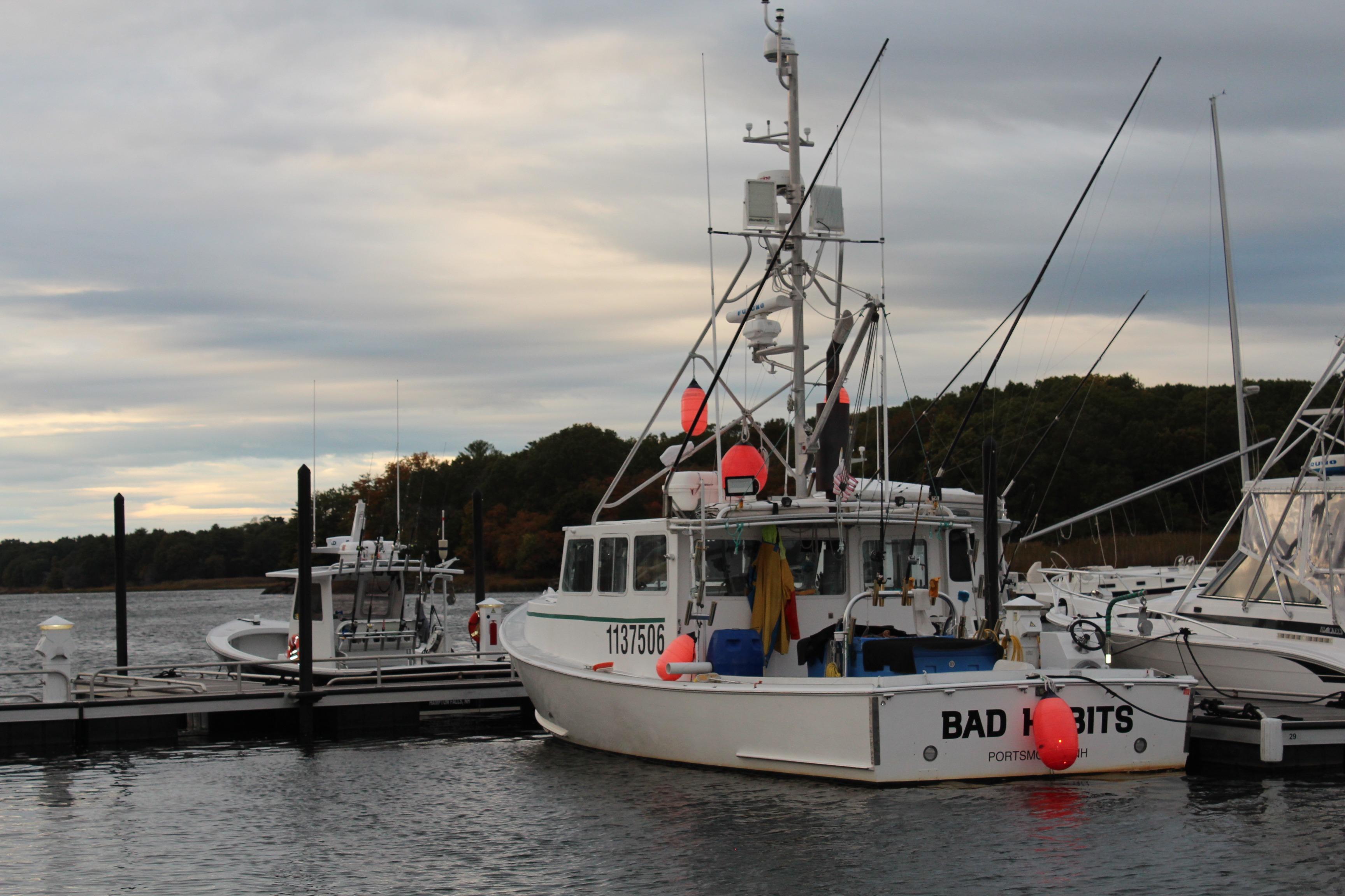 Libby 38 Downeast 2002 boat docked at marina under cloudy sky.