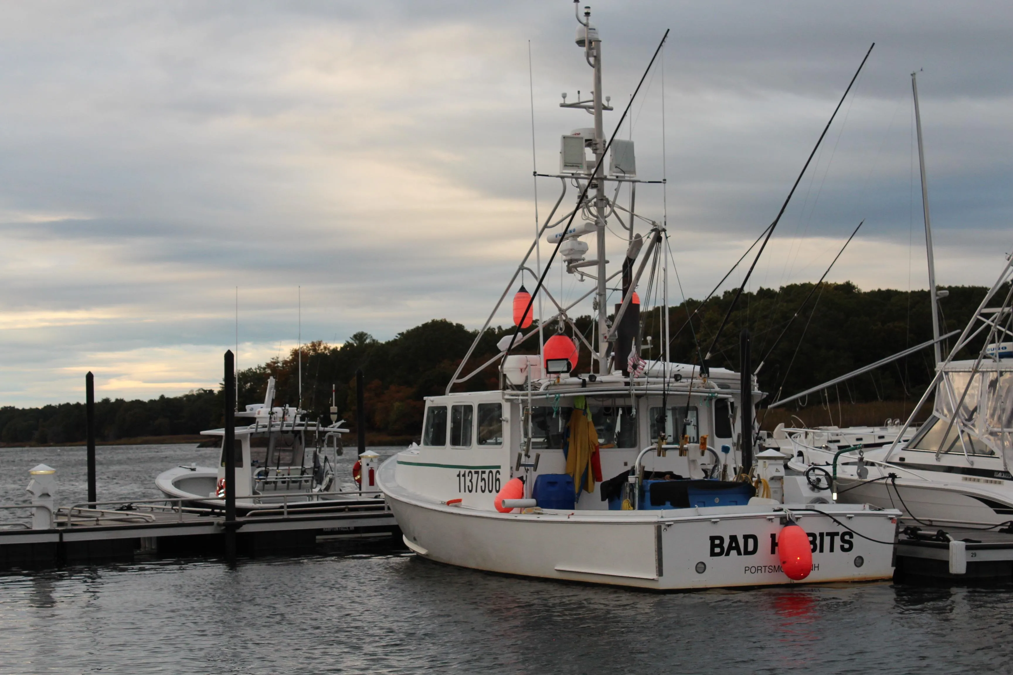 Libby 38 Downeast 2002 boat docked at marina under cloudy sky.