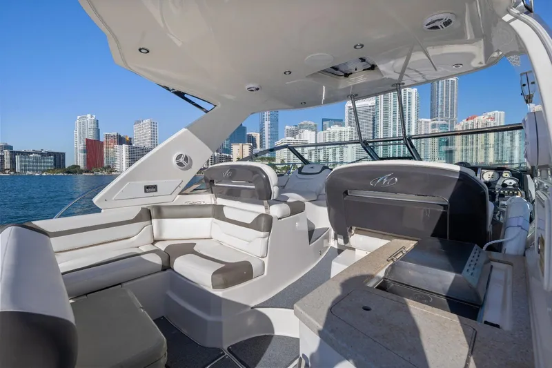  Yacht Photos Pics Luxurious 2012 Monterey 400 Sport Yacht interior with city skyline view.