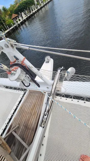 Pono Yacht Photos Pics Deck view of 2005 Fountaine Pajot FP Eleuthera 60 catamaran by the water.