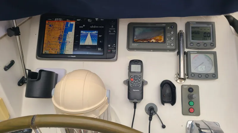 Pono Yacht Photos Pics Control panel of 2005 Fountaine Pajot FP Eleuthera 60 catamaran with navigation instruments.