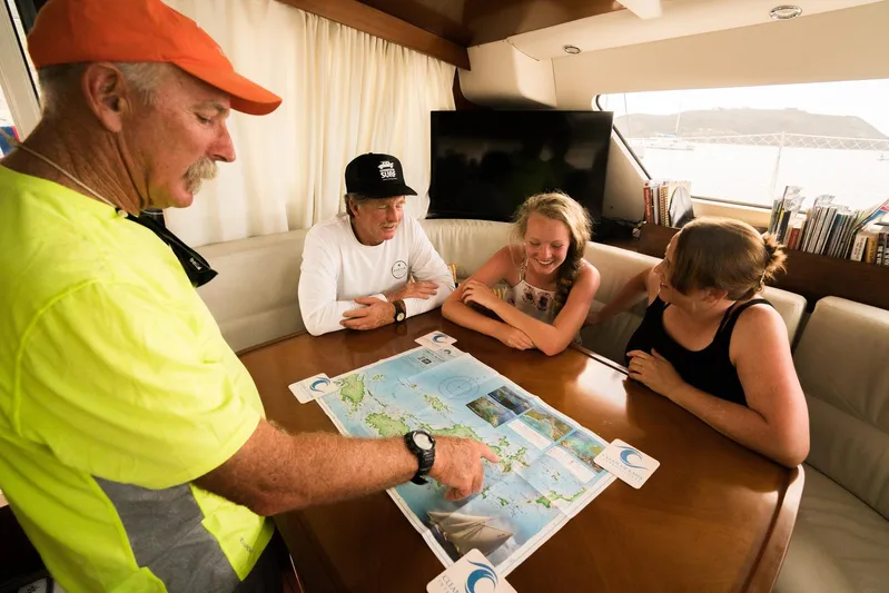 Pono Yacht Photos Pics Group planning a sailing route on a 2005 Fountaine Pajot FP Eleuthera 60 yacht.